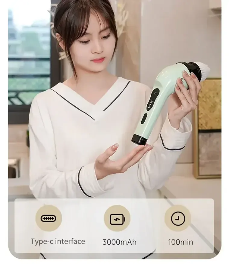 Woman holding the AventroHome 9-in-1 electric spin scrubber, showing Type-C charging, 3000mAh battery, and 100-minute runtime