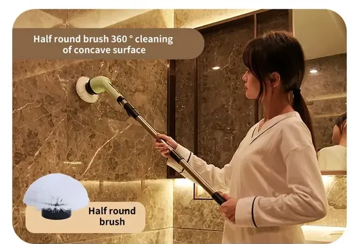 Half-round brush head cleaning a marble wall