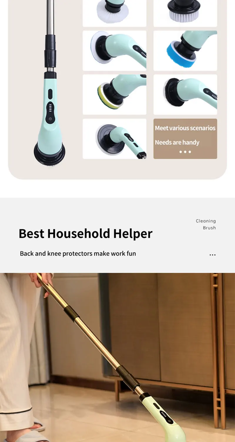 Overview of the 9 interchangeable brush heads included with the AventroHome spin scrubber