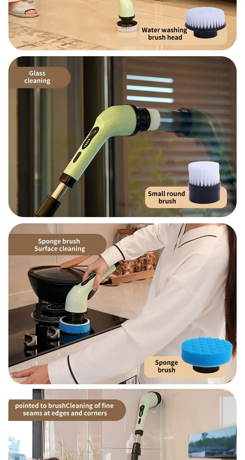 AventroHome spin scrubber brush head attachments: water washing, glass cleaning, sponge, and pointed brush heads