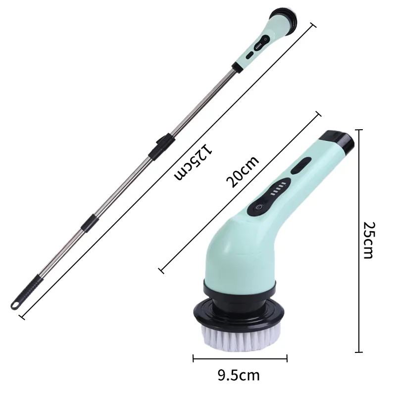 AventroHome spin scrubber dimensions: 125cm extended handle, 20cm motor unit, 25cm height, 9.5cm brush head diameter